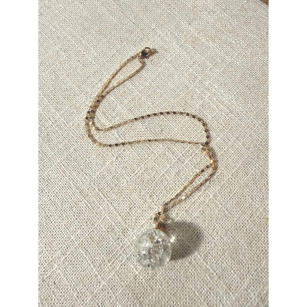 Gold Tone Cracked Marble Orb Pendant Necklace Clear Glass Round Statement Piece
